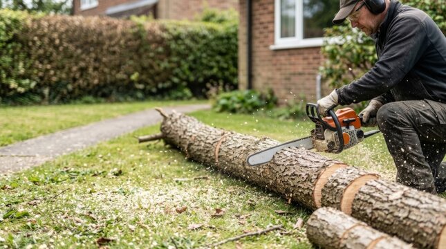 Man using chainsaw to cut large fallen tree into logs in sunny suburban yard, detailed wood texture and sawdust