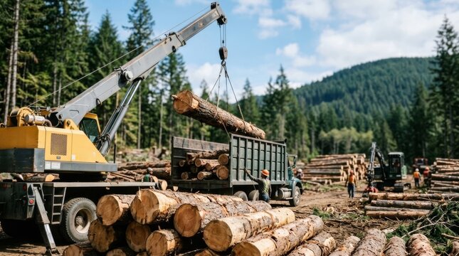 Forestry crane loading logs onto truck at logging site with mountain forest background