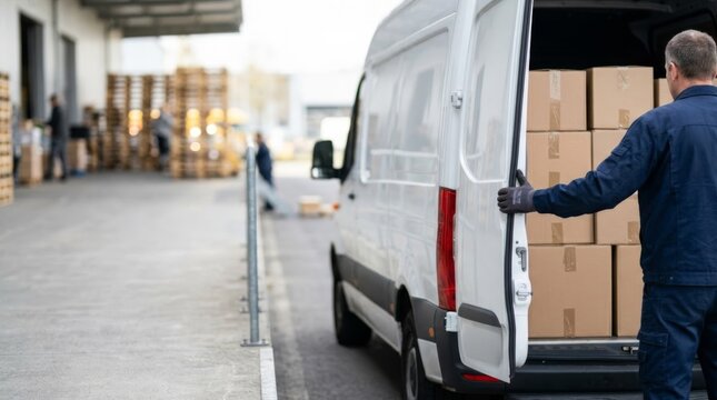 Delivery worker closing cargo van door full of boxes at loading dock, logistics completion concept