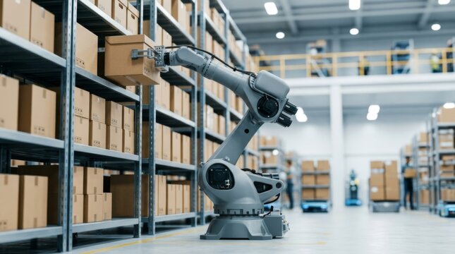 Automated warehouse robotic arm places box on shelf, modern logistics center efficiency