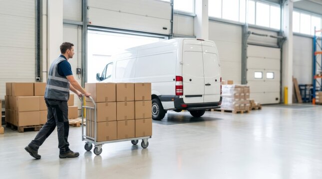 Warehouse worker with cart of boxes moving towards loading dock with cargo van, bright daylight logistics scene