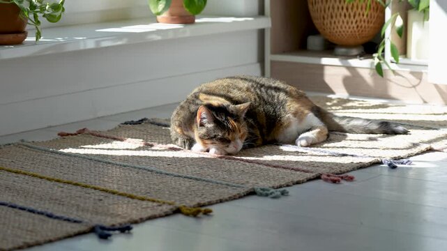 Relaxed calm Calico cat napping on rug under warm rays of sun at home, wags its tail, kitty having sweet dream during day, resting. Pet life. 