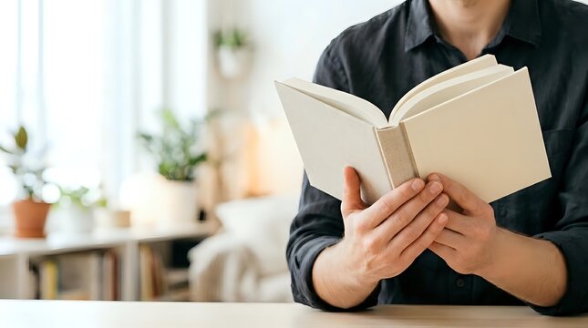 Adult male reading open book indoors near bright window