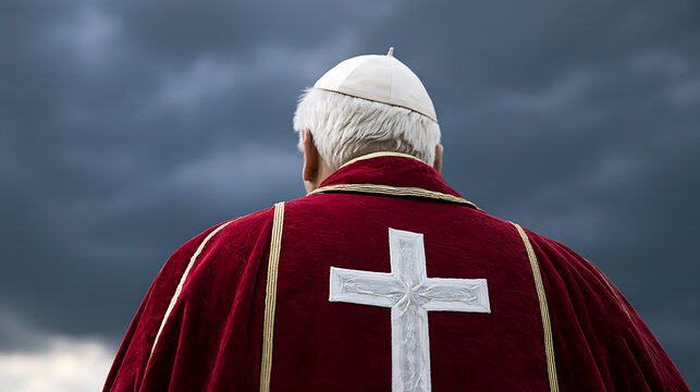 Rear view of a religious leader with white hair and vestments against a dramatic, dark, and cloudy sky