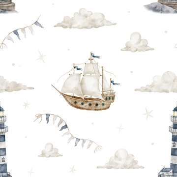 Ship and lighthouse seamless watercolor pattern isolated on background. Nautical repeat with sailboat and beacon for fabric, wallpaper, nursery textiles and wrapping paper. Baby design for bed linen.