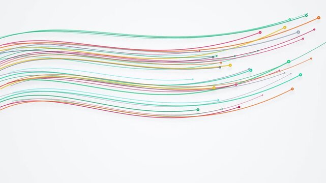 Colorful fiber optic cables transmission lines, glossy wave loop animation on white background, data flow concept technology