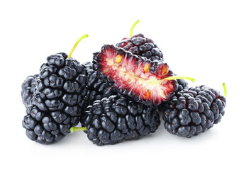 Pile of whole and cut mulberries isolated on white © New Africa