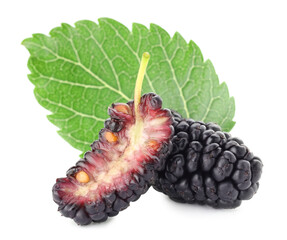 Whole, cut mulberries and green leaf isolated on white © New Africa