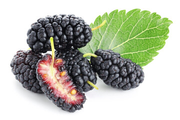Whole, cut mulberries and green leaf isolated on white © New Africa