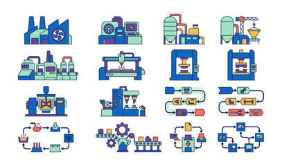 Naklejka premium Industrial production icons set featuring factories automation and manufacturing processes