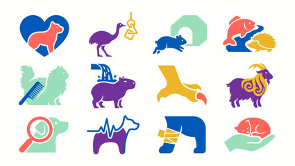 Obraz premium Colorful collection of animal icons representing veterinary care and wildlife conservation