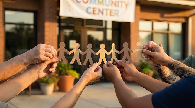 Diverse hands holding paper chain of people near community center