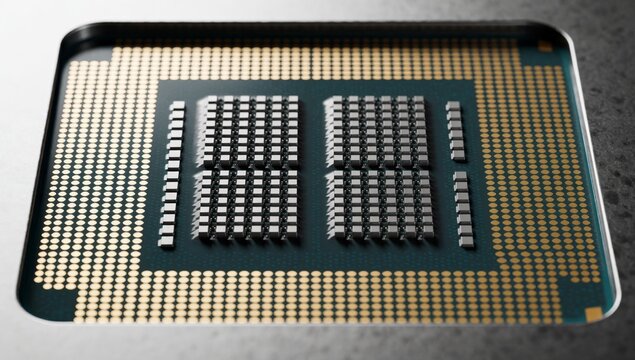 Close-up computer processor chip rectangular shape has green gold color scheme center grid-like pattern small