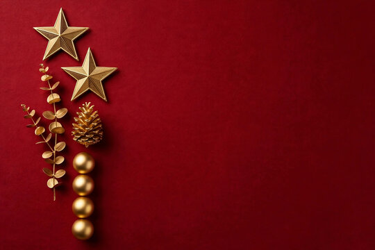 Imagem de natal com fundo vermelho e enfeites dourados com estrelas.