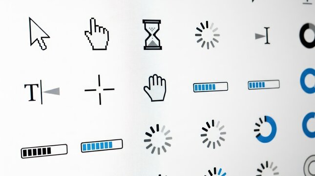 Collection of digital mouse cursors and loading icons