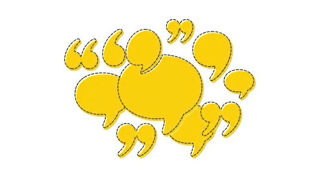 Yellow speech bubbles and quotation marks on white.