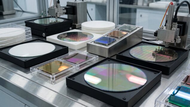 Group electronic components laboratory setting there circular discs total arranged row metal table different s