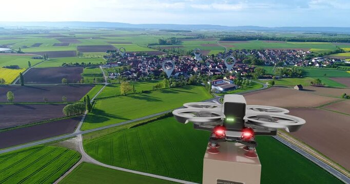 A delivery drone flies over a city and delivers a package. An aerial cargo drone carries a cardboard box to a customer. Futuristic City Concepts: A Look At The Next Generation Of Cities.