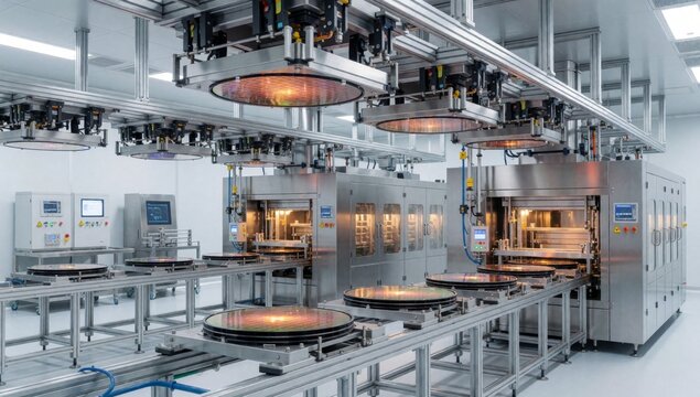 Large industrial machine inside factory made stainless steel has multiple levels there circular lights hanging