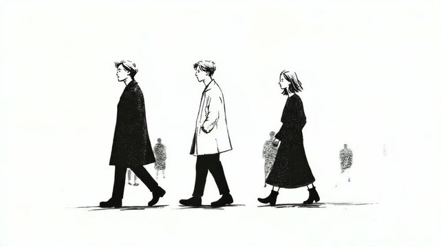 Two men and a woman walking together in silhouette. Group stroll in black and white ink style. Urban companionship illustration sequence showing progressive movement