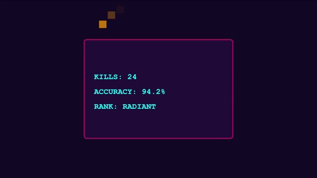 Gaming hud interface display showing kills, accuracy, and radiant rank stats for esports and competitive online multiplayer animation 4k