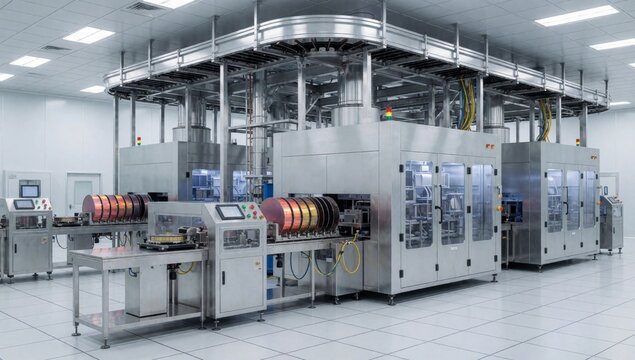 Large industrial factory high ceiling white walls center there machine multiple levels pipes running along mad