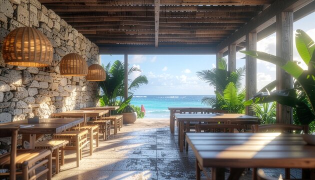 Luxury rustic beachfront restaurant interior overlooking tropical ocean