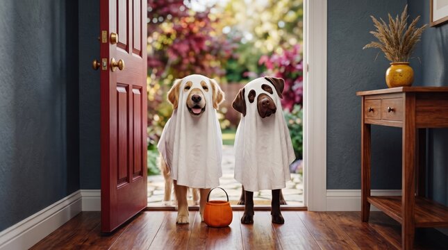 Two dogs dressed as friendly ghosts waiting at an open front door with a trick-or-treat bucket on Halloween