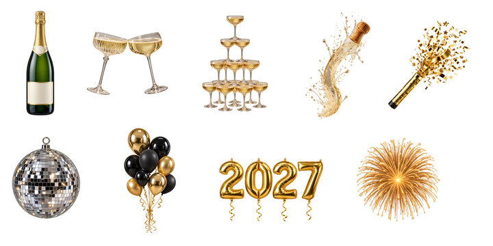 2027 New Year Gold Party Object Collection on Transparent Background
