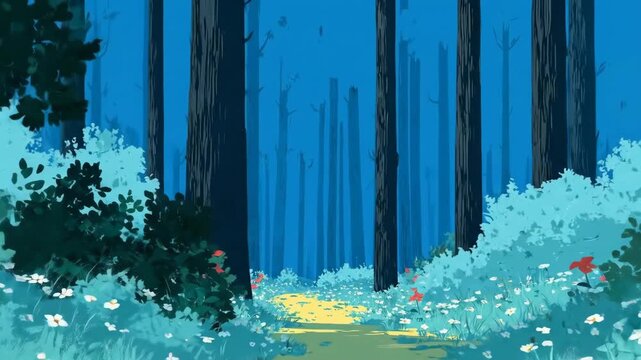 Winding path through enchanted forest unfolds from start to end. Tall dark trees and blooming flowers line the trail in a magical woodland journey with mushrooms and green bushes.