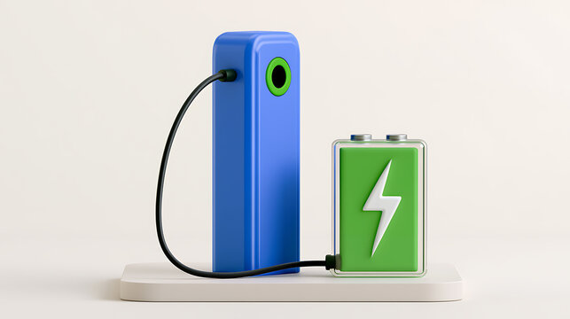 Vibrant blue charging station connect to green battery with white lightning bolt icon, 3D render, power concept
