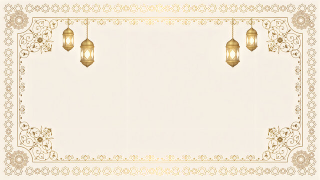 Islamic background with golden lanterns and traditional ornamental frame for ramadan kareem and eid celebration