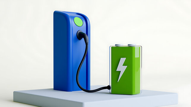Vibrant blue charging station provides power to a green battery, symbolizing energy, sustainability, and technological progress