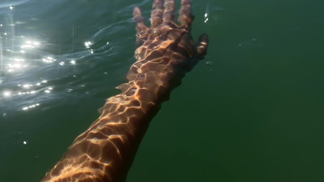 Woman touching seawater with hand. 4k