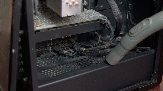 Technician vacuuming dusty components inside a computer case. Professional technician cleaning the inside of a very dusty desktop personal computer with a vacuum cleaner, focusing on the power supply