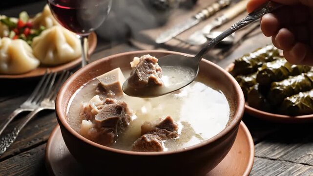 Traditional Khash Meat Soup Steaming in Clay Bowl on Rustic Table ideal for restaurant menus.