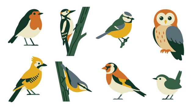 Set of wild bird species featuring robin woodpecker owl and finch in flat vector style for educational posters birdwatching guides or nature.