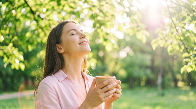 woman holding cup of tea against sunlit green leaves background