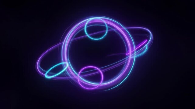 Luminous neon blue and purple rings orbiting in a futuristic abstract atomic structure on a dark background, representing energy