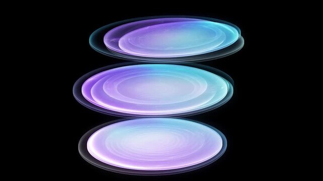 Glowing purple and blue ellipses floating and multiplying against a black background for a futuristic tech presentation