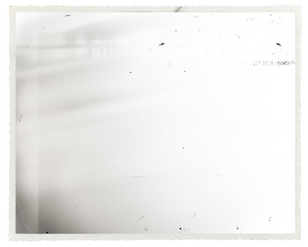 Retro photo paper frame with scalloped edge overlay with   light leak, dusts and scratches isolated on transparent background. Scanned material for vintage photo frames and templates.