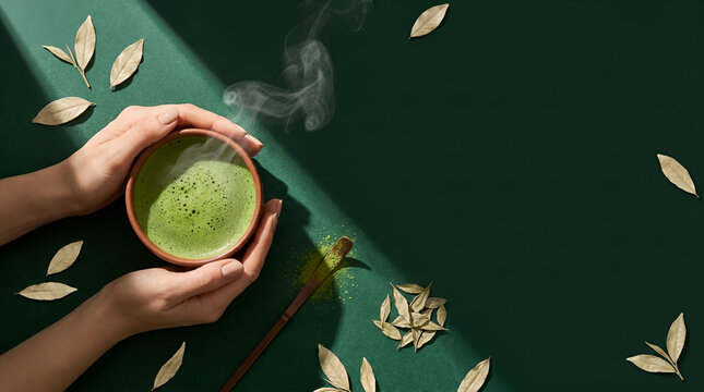 hands holding cup of green matcha tea top view