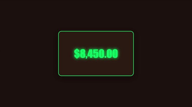 Neon green $8, 450.00 currency amount display on dark animation 4k background, for financial and, e-commerce digital interfaces