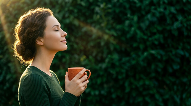 woman holding cup of tea against sunlit green leaves background