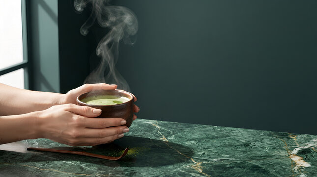 hands holding cup of hot steaming tea on marble surface