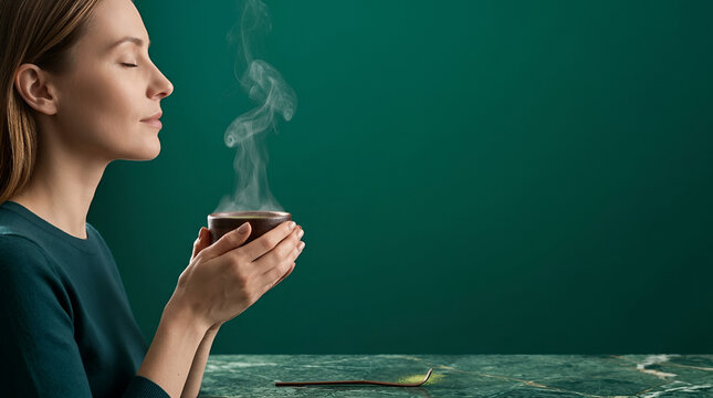 woman enjoying aroma of hot tea with closed eyes