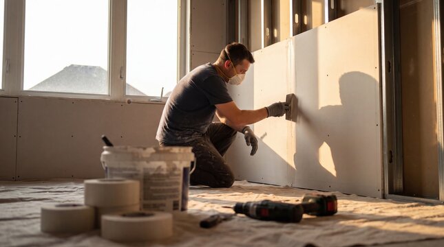 Construction Worker Applying Joint Compound to Drywall During Home Renovation. Concept of drywall installation, plastering wall, plasterer.