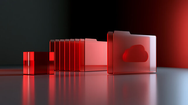 Red Transparent Folders and Cloud Icon Illustrate Digital Data Storage, Organization, and Cybersecurity Concepts