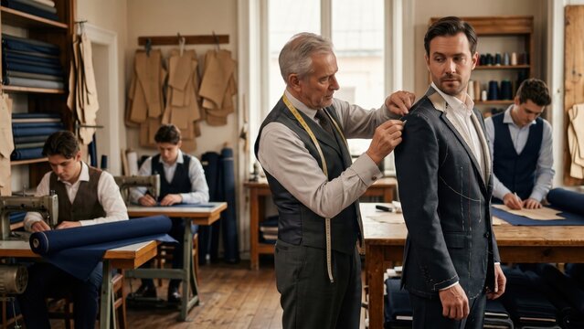 Senior Tailor Fitting Custom Suit Jacket for Male Client in Atelier Workshop. Concept of tailor shop, bespoke suit, custom tailoring.