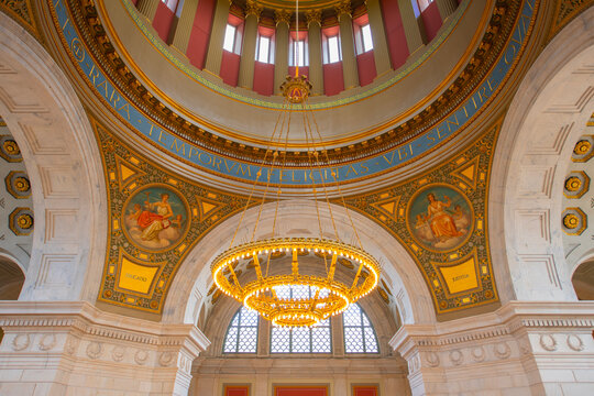 Chandelier of Rhode Island State House. This building was built in 1904 with Neoclassical style in downtown Providence, Rhode Island RI, USA.